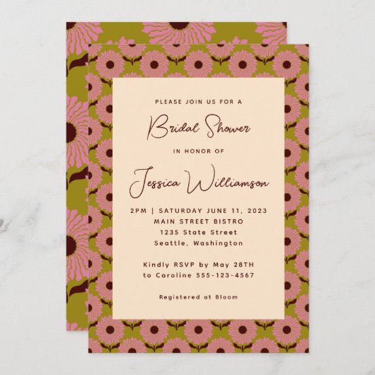 Retro Boho Pink Grüne Blume Groovy Brautparty Einladung (Vorne/Hinten)