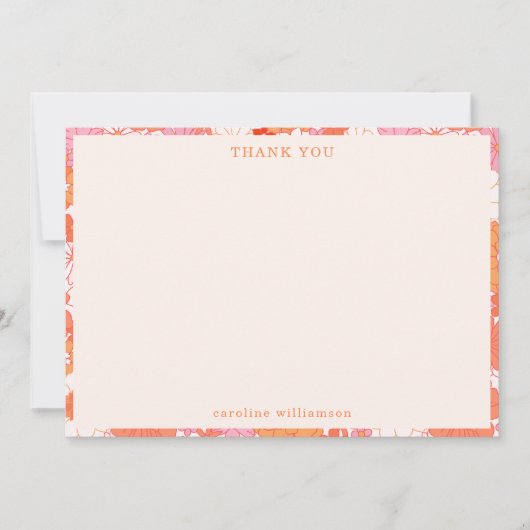 Retro Boho Pink Orange Blume Personalisiert Name Dankeskarte (Vorderseite)