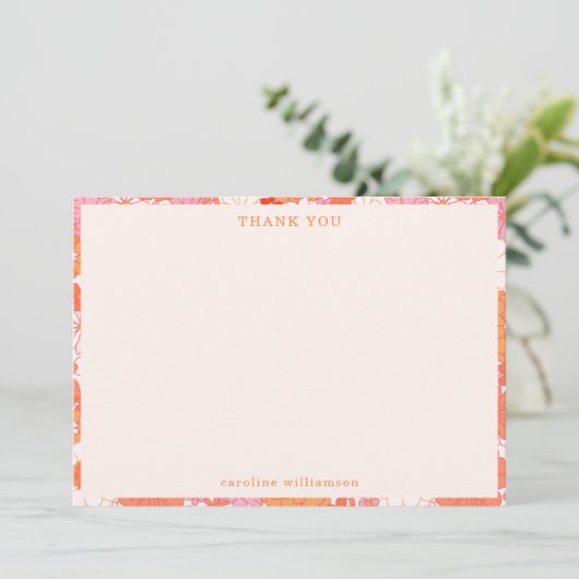 Retro Boho Pink Orange Blume Personalisiert Name Dankeskarte (Stehend Vorderseite)