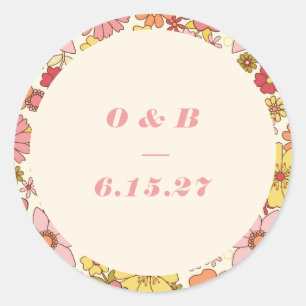 Retro Boho Pink Orange Blumenschild Monogram Runder Aufkleber