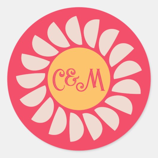 Retro Boho Pink & Orange Blumenzange Monogramm Runder Aufkleber (Vorderseite)