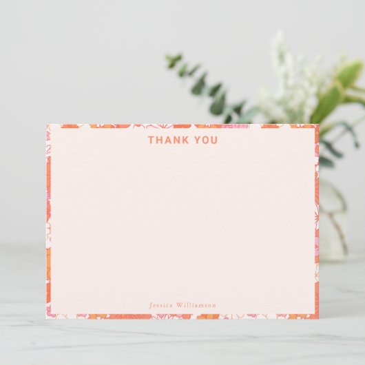 Retro Boho Pink Orange Floral Cute Baby Shower Dankeskarte (Stehend Vorderseite)