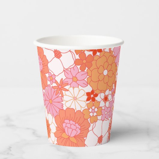 Retro Boho Pink Orange Niedliche Blume Pappbecher (Vorderseite)