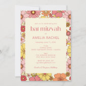 Retro Boho Pink Yellow Floral Groovy Bat Mitzvah Einladung (Vorderseite)