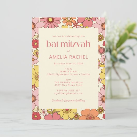 Retro Boho Pink Yellow Floral Groovy Bat Mitzvah Einladung (Stehend Vorderseite)