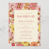 Retro Boho Pink Yellow Floral Groovy Bat Mitzvah Einladung (Vorne/Hinten)