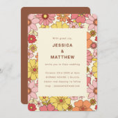 Retro Boho Pink Yellow Floral Groovy Wedding Einladung (Vorne/Hinten)