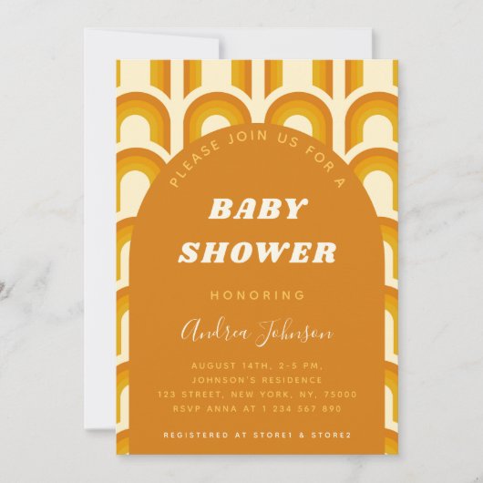 Retro Boho Rainbow Arch 60er 70er Orange Babydusch Einladung (Vorderseite)