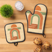 Retro-Boho-Regenbogenbogen Minimalistisches Design Ofenhandschuh & Topflappen-Set (Oben Unten)