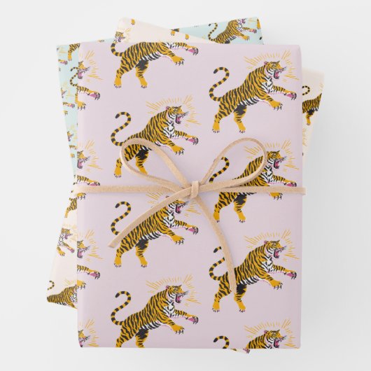 Retro Boho Roaring Tiger Orange Pink Geschenkpapier Set (Beispiel)
