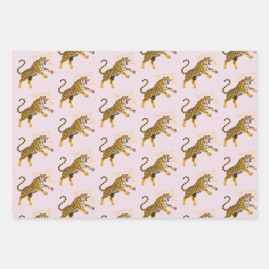 Retro Boho Roaring Tiger Orange Pink Geschenkpapier Set (Vorderseite)