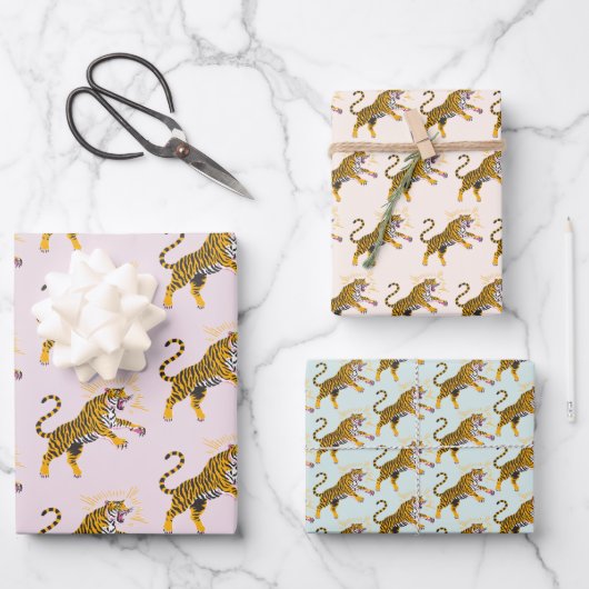 Retro Boho Roaring Tiger Orange Pink Geschenkpapier Set (Vorderseite)