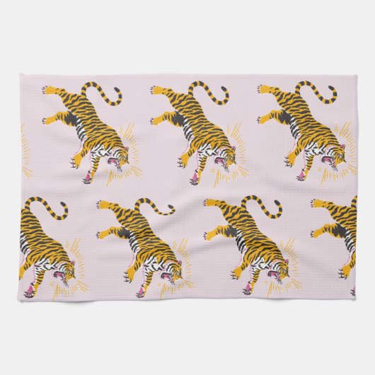 Retro Boho Roaring Tiger Orange Pink Geschirrtuch (Horizontal)