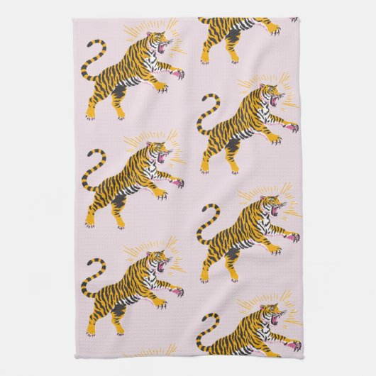 Retro Boho Roaring Tiger Orange Pink Geschirrtuch (Vertikal)