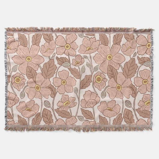Retro Boho Rosa Botanisch Illustriert Floral Decke (Vorderseite)