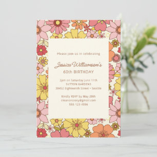 Retro Boho Rosa Gelbe Blumen Groovy 60. Geburtstag Einladung