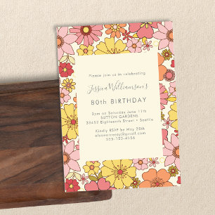 Retro Boho Rosa Gelbe Blumen Groovy 80. Geburtstag Einladung