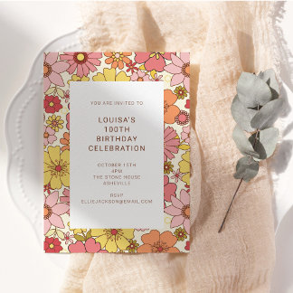 Retro Boho Rosa Gelbe Blumige 100. Geburtstagsfeie Einladung