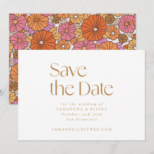 Retro Boho Rosa Orange Blumen Minimalistische Hoch Save The Date