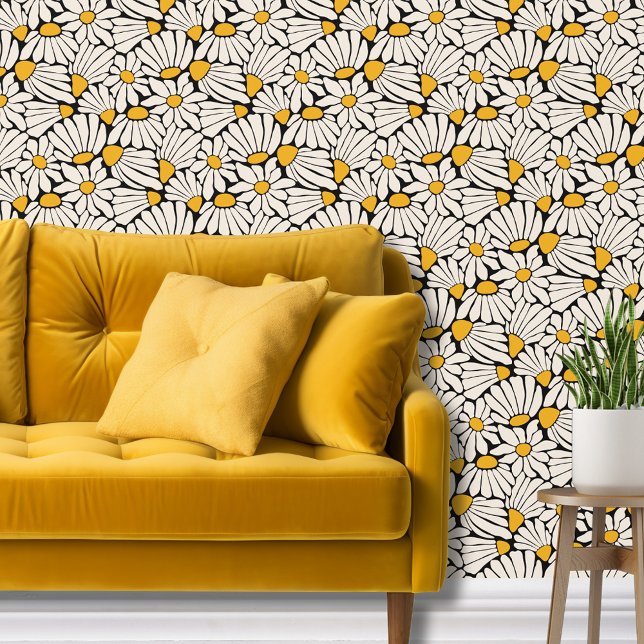 Retro-boho, schwarz-gelb, botanisch abstrakt tapete (Modern block print daisy floral wallpaper with a retro vibe in black, mustard yellow and cream.)