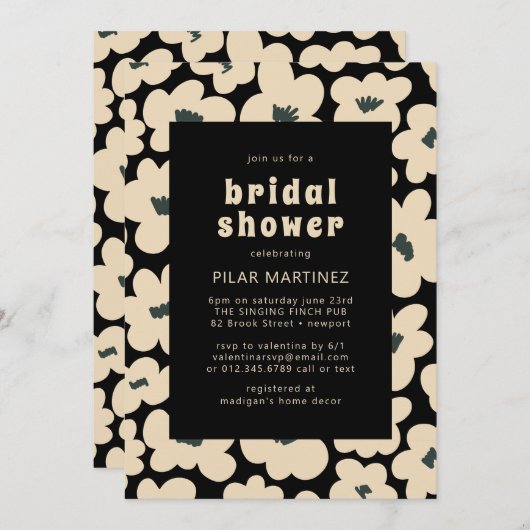 Retro Boho Schwarz-weiß Floral Brautparty Einladung (Vorne/Hinten)