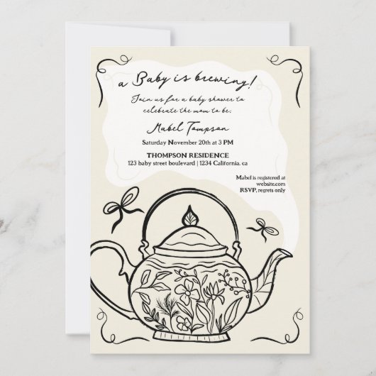 Retro boho schwarze Bogen Teekanne Baby Brauen Dus Einladung (Vorderseite)