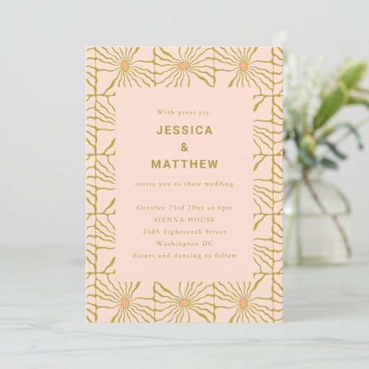 Retro-Boho-Senf-Blumenfliesen-QR-Code-Hochzeit Einladung (Stehend Vorderseite)