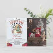 Retro Boho Snowman Weihnachtsbaum 1. Geburtstag Einladung (Stehend Vorderseite)