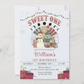 Retro Boho Snowman Weihnachtsbaum 1. Geburtstag Einladung (Vorderseite)