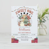 Retro Boho Snowman Weihnachtsbaum 1. Geburtstag Einladung (Stehend Vorderseite)