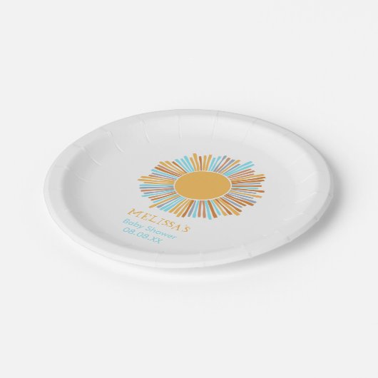 Retro-Boho Sonne hier kommt die Sonne Pappteller (Schrägansicht)