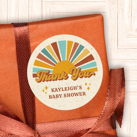 Retro Boho Sun Baby Shower Thank You Name Runder Aufkleber
