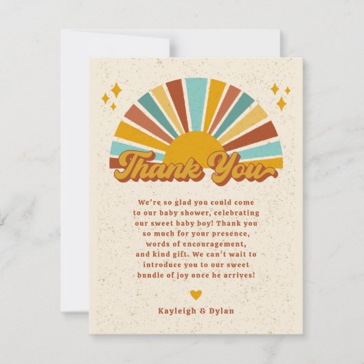 Retro Boho Sunshine Baby Shower  Dankeskarte (Vorderseite)
