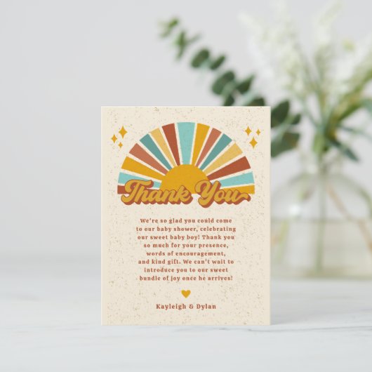 Retro Boho Sunshine Baby Shower  Dankeskarte (Stehend Vorderseite)