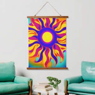 Retro-Boho-Teppich Sonnenausbruch Hippie Vintage  Wandteppich Mit Holzrahmen