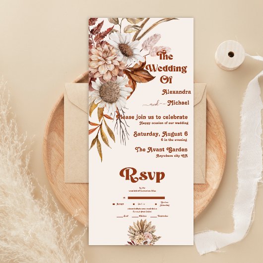 Retro Boho Terracotta Burnt Orange Wedding All In One Einladung
