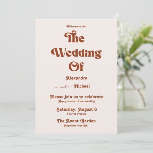 Retro Boho Terracotta Burnt Orange Wedding Einladung (Stehend Vorderseite)