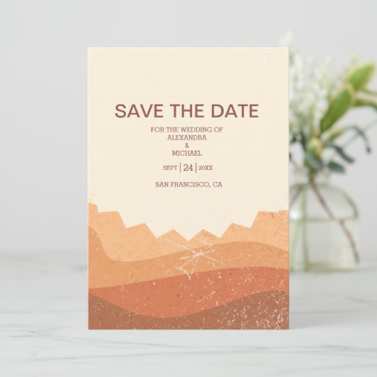 Retro Boho Terracotta Burnt Orange Wedding Save The Date (Stehend Vorderseite)