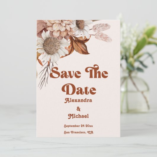 Retro Boho Terracotta Burnt Orange Wedding Save The Date (Stehend Vorderseite)