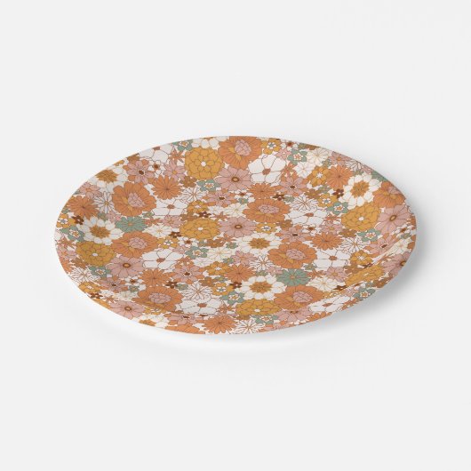 Retro Boho Terracotta Wildblumen Herbst Pappteller (Schrägansicht)