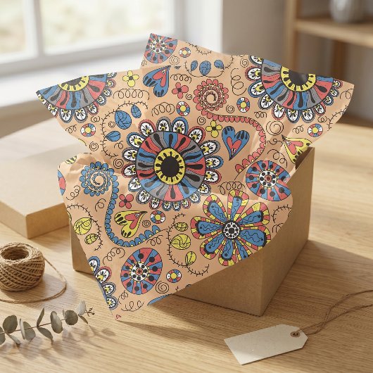 Retro-Boho-Volkskunst-Blumen- und Herz-Muster Seidenpapier