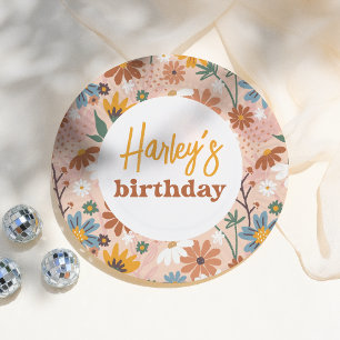 Retro Boho Wildblume Girl Geburtstagsparty Pappteller