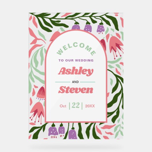 Retro-Boho Zweige mit Blume Begrüßung Hochzeit Acrylschild (Vorderseite)