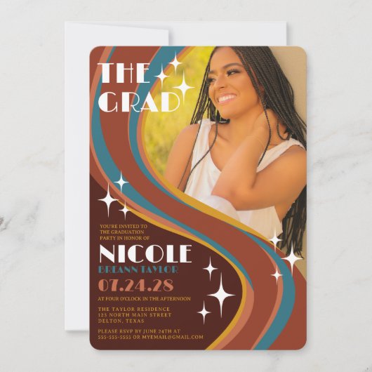 Retro Bold 70's Rainbow Swirl Lässiger Abschluss Einladung (Vorderseite)