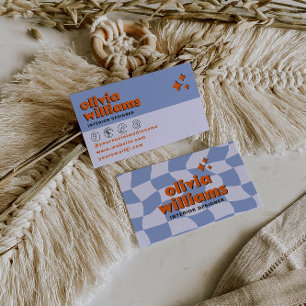 Retro Bold Blau Orange Groovy Kariert Einzigartig  Visitenkarte