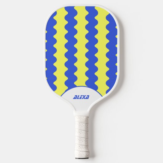 Retro Bold Blue & Lime Green 70er/90s Stripes Pickleball Schläger (Vorderseite)