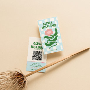 Retro Bold Boho QR-Code Groovy Kariert Floral Visitenkarte