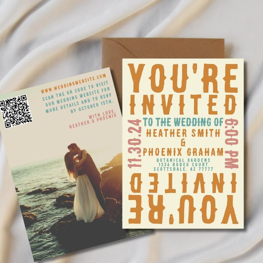 Retro Bold Bright Foto und QR Code Wedding Einladung