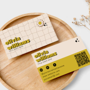 Retro Bold Green Blume QR Code Boho Groovy Visitenkarte