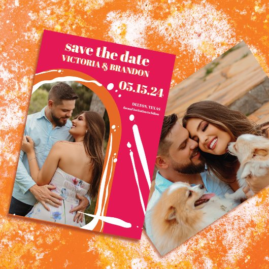 Retro Bold Neon Orange Pink Arch Wedding Save The Date